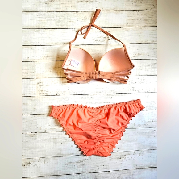 NEW Shade & Shore Swim Bikini Ombre Top & Ruched Bottoms Orange Cream Tie String - Picture 3 of 13